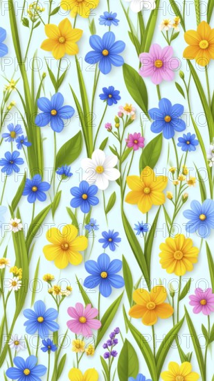 Vibrant wildflowers and grass create a colorful and joyful floral pattern, Variety of wild flowers, spring plant and grass seamless pattern, vibrant realistic vector illustration wallpaper, a spring natural colorful background as template or poster, AI generated