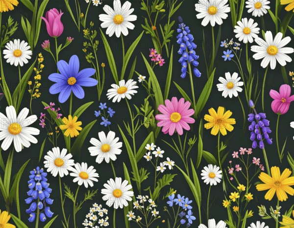 Vibrant wildflowers and grass create a colorful and joyful floral pattern, Variety of wild flowers, spring plant and grass seamless pattern, vibrant realistic vector illustration wallpaper, a spring natural colorful background as template or poster, AI generated