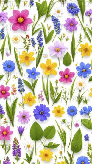 Vibrant wildflowers and grass create a colorful and joyful floral pattern, Variety of wild flowers, spring plant and grass seamless pattern, vibrant realistic vector illustration wallpaper, a spring natural colorful background as template or poster, AI generated