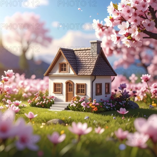 A miniature house surrounded by blooming cherry blossoms and warm sunlight, creating a peaceful and idyllic spring atmosphere, toy house on blossom cherry flowers, spring natural background. concept of mortgage, construction, rental, family and property, AI generated