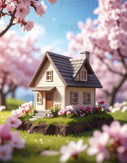 A miniature house surrounded by blooming cherry blossoms and warm sunlight, creating a peaceful and idyllic spring atmosphere, toy house on blossom cherry flowers, spring natural background. concept of mortgage, construction, rental, family and property, AI generated
