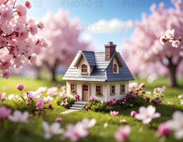 A miniature house surrounded by blooming cherry blossoms and warm sunlight, creating a peaceful and idyllic spring atmosphere, toy house on blossom cherry flowers, spring natural background. concept of mortgage, construction, rental, family and property, AI generated
