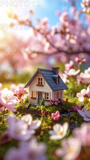 A miniature house surrounded by blooming cherry blossoms and warm sunlight, creating a peaceful and idyllic spring atmosphere, toy house on blossom cherry flowers, spring natural background. concept of mortgage, construction, rental, family and property, AI generated