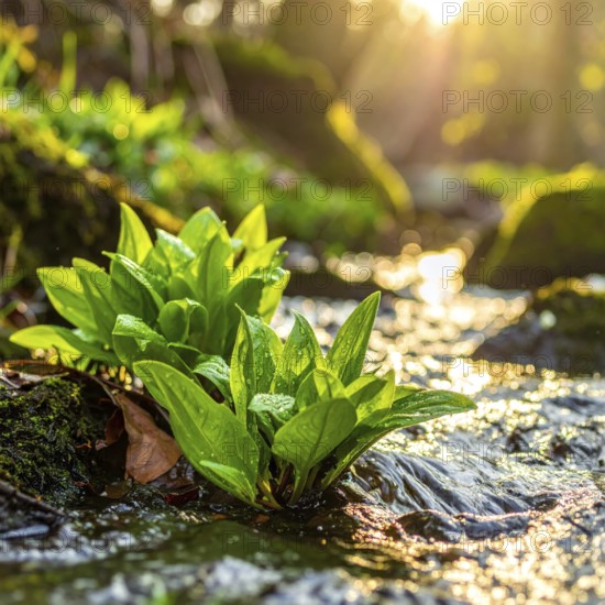 Beautiful spring detailed stream of fresh water, vibrant blooming young green plants, wallpaper banner for springtime and summer nature concept, AI generated