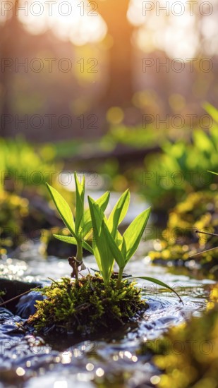 Beautiful spring detailed stream of fresh water, vibrant blooming young green plants, wallpaper banner for springtime and summer nature concept, AI generated