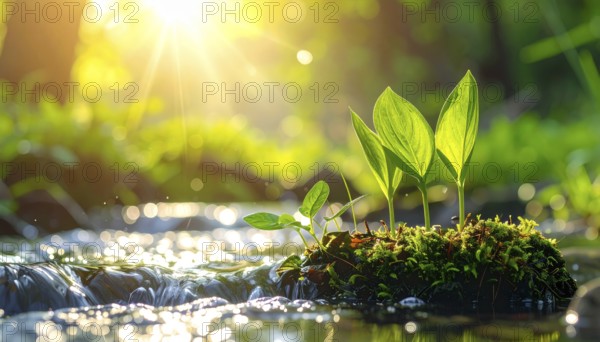 Beautiful spring detailed stream of fresh water, vibrant blooming young green plants, wallpaper banner for springtime and summer nature concept, AI generated