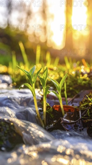 Beautiful spring detailed stream of fresh water, vibrant blooming young green plants, wallpaper banner for springtime and summer nature concept, AI generated