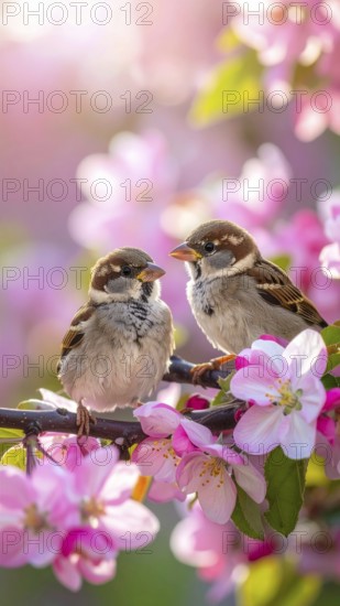 Small funny Sparrow Chicks sit in the garden surrounded by pink Apple blossoms on a Sunny may day, AI generated
