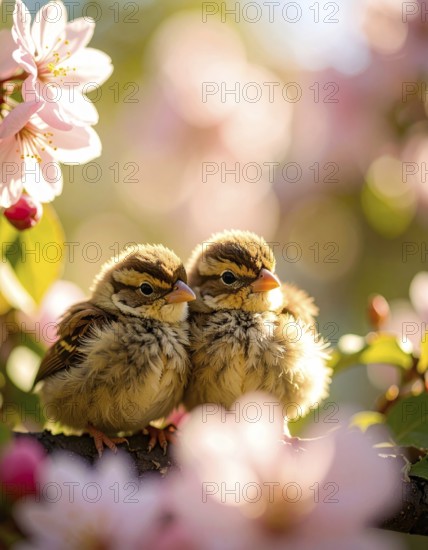 Small funny Sparrow Chicks sit in the garden surrounded by pink Apple blossoms on a Sunny may day, AI generated