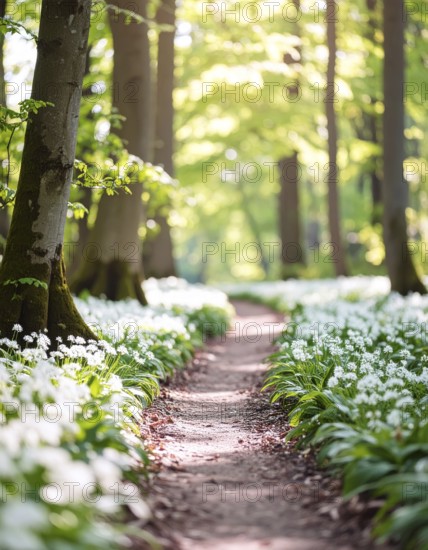 A tranquil forest path lined with white flowers, surrounded by tall trees and bathed in soft sunlight, Pathway through the forest with blooming wild garlic (Allium ursinum) sunny summer day, AI generated