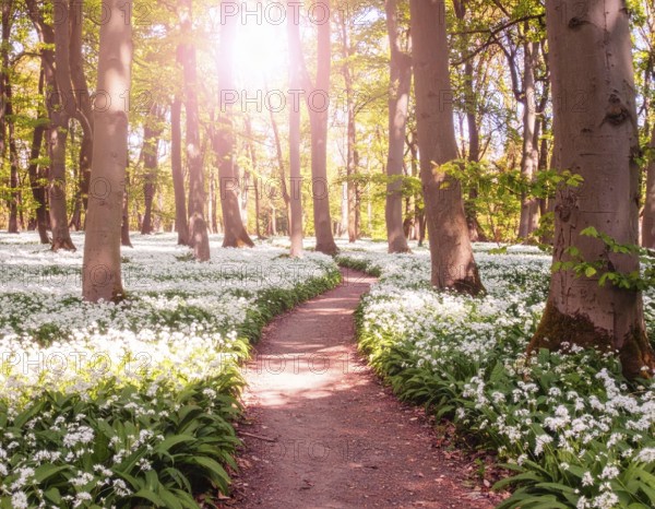 A tranquil forest path lined with white flowers, surrounded by tall trees and bathed in soft sunlight, Pathway through the forest with blooming wild garlic (Allium ursinum) sunny summer day, AI generated