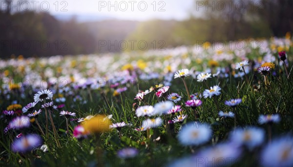 A sunny meadow with daisies in full bloom under bright sunlight, creating a vibrant and cheerful atmosphere, Blooming meadow with lots of white and pink spring daisy flowers and yellow dandelions, sunny day with blue clear sky, beautiful landscape in blurred background, fresh spring and summer nature concept, AI generated