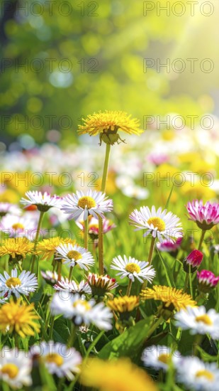 A sunny meadow with daisies in full bloom under bright sunlight, creating a vibrant and cheerful atmosphere, Blooming meadow with lots of white and pink spring daisy flowers and yellow dandelions, sunny day with blue clear sky, beautiful landscape in blurred background, fresh spring and summer nature concept, AI generated
