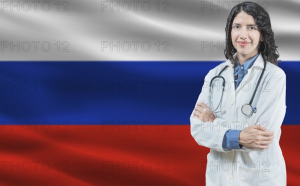 Russian medicine and healthcare concept. Close up of doctor against Russia flag background