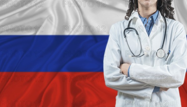Medical professional on Russian flag. Healthcare and wellness in Russia, Concept