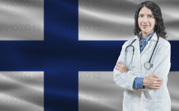 Finnish medicine and healthcare concept. Close up of doctor against Finland flag background