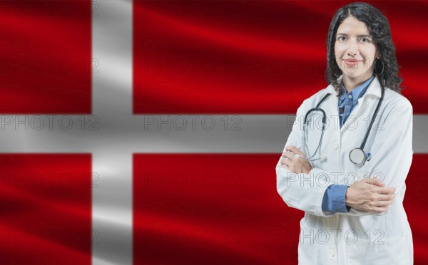 Danish medicine and healthcare concept. Close up of doctor against Denmark flag background