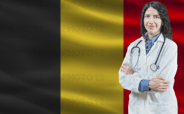 Belgian medicine and healthcare concept. Close up of doctor against Belgium flag background