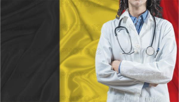 Medical professional on Belgium flag. Healthcare and wellness in Belgium, Concept