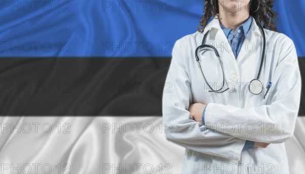 Medical professional on Estonia flag. Healthcare and wellness in Estonia, Concept