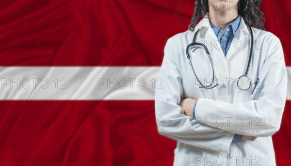 Medical professional on Latvia flag. Healthcare and wellness in Latvia, Concept