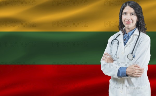 Lithuanian medicine and healthcare concept. Close up of doctor against Lithuania flag background