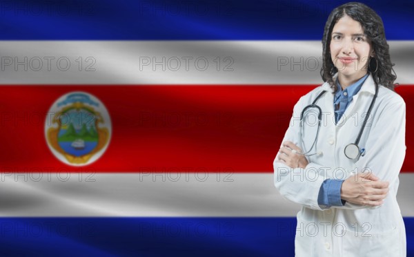 Costa Rican medicine and healthcare concept. Close up of doctor against Costa Rica flag background