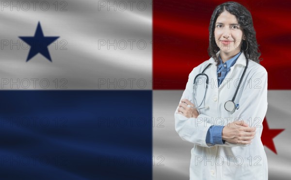 Panamanian medicine and healthcare concept. Close up of doctor against Panama flag background