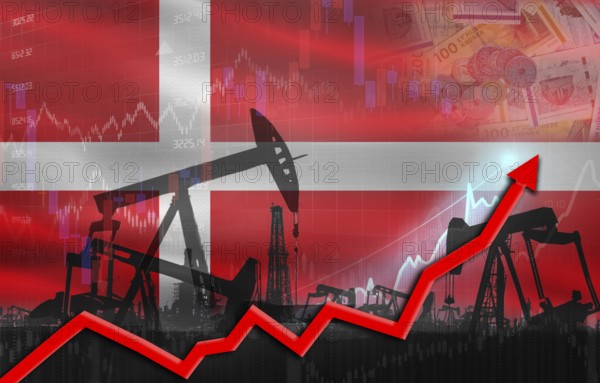 Oil production with Denmark flag, petrol industry. Oil pumps with Denmark flag