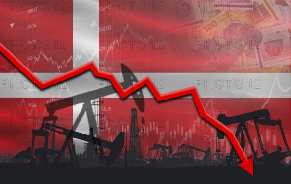 Oil crisis with Denmark flag on financial graph. Fall oil price with flag of Denmark on economic chart