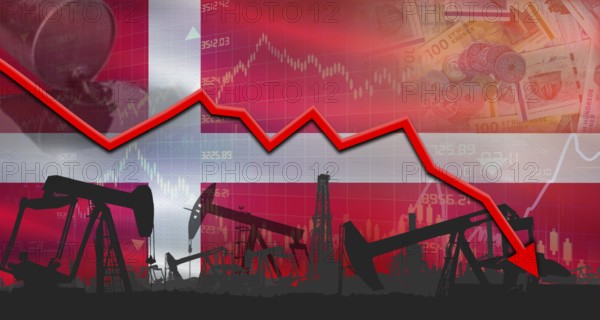 Fall oil price with flag of Denmark on economic chart, Petrol crisis with Denmark flag on financial graph