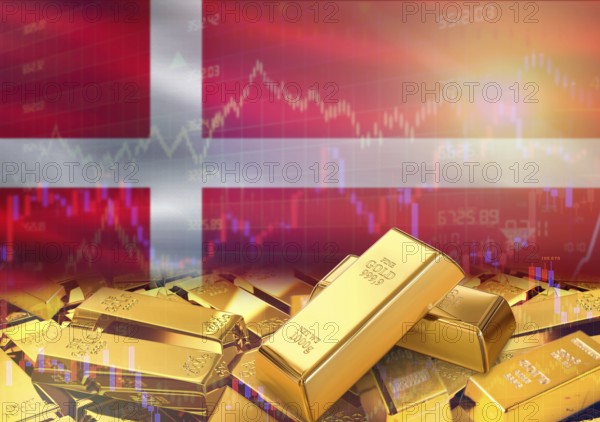 Gold bars on Denmark flag in background. Gold bars stacked on Danish flag. Concept of Denmark gold reserves