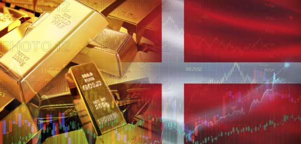 Gold bars stacked on Danish flag. Denmark gold reserves, Concept