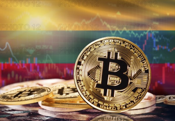Bitcoin with Lithuania flag in the background. Investors in cryptocurrency and Blockchain Technology in Lithuania, Concept