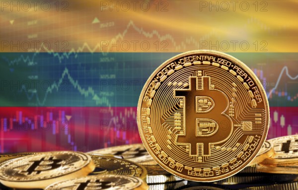 Investors in cryptocurrency and Blockchain Technology in Lithuania, Concept. Bitcoin with Lithuania flag in the background