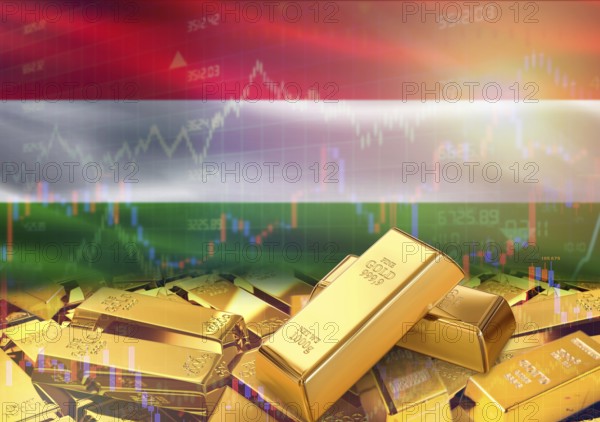Gold bars on Hungary flag in background. Gold bars stacked on Hungarian flag. Concept of Hungary gold reserves