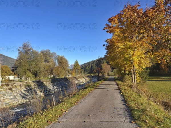Autumn trail along a river, lined with colorful trees, Drau cycle path, Drava, South Tyrol, Italy