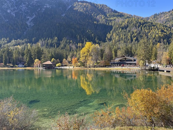Calm lake with colorful autumn leaves and mountains in the background, Lake Toblach, Lake Dobbiaco, South Tyrol, Italy