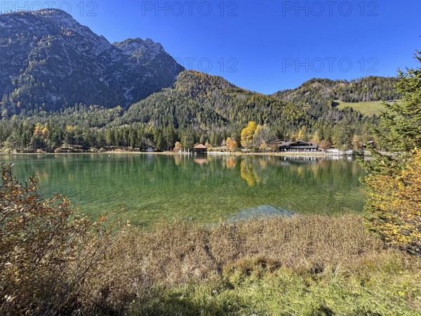 Calm lake with mountains in the background and colorful autumn leaves, Lake Toblach, Lake Dobbiaco, South Tyrol, Italy