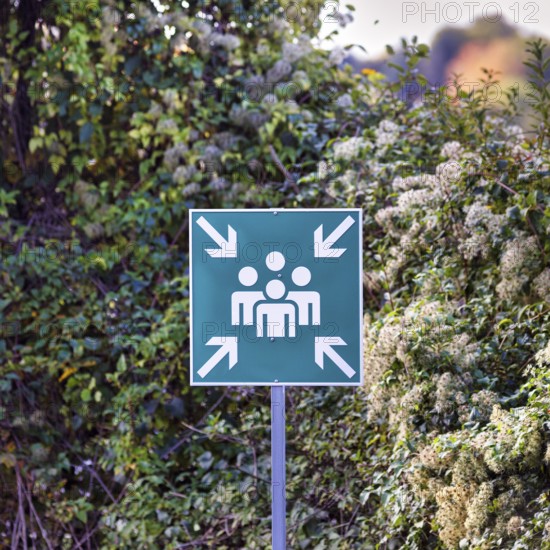 Green outdoor sign, pictogram showing group of people surrounded by four arrows, escape sign for assembly point, meeting point, in case of fire, evacuation, escape route, North Rhine-Westphalia, Germany