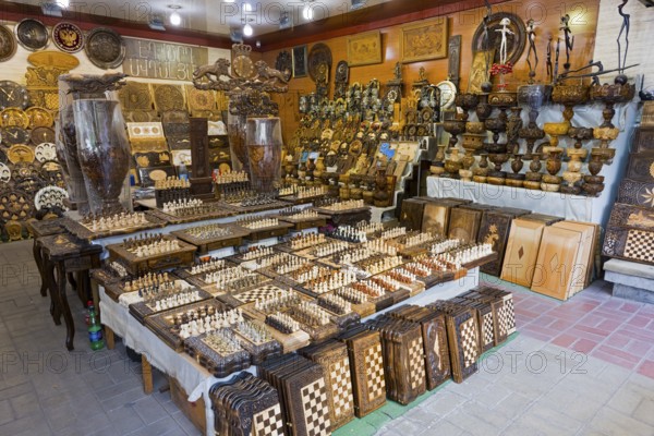 Shop with a variety of handmade wooden checkerboards and decorations, Vernissage Market, Craftsman Market, Yerevan, Yerevan, Armenia