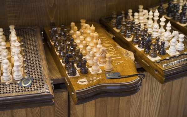 Close-up view of handmade wooden checkerboards, Vernissage Market, Yerevan, Yerevan, Yerevan, Armenia