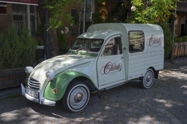 Retro-colored Citroen car parked in shady area under trees, Citroen 2CV, Citroën, vintage car, Yerevan, Yerevan, Yerevan, Armenia
