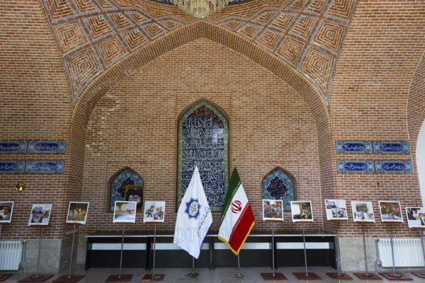 Interior with brick arch and exhibited photos with flags, Blue Mosque, Shiite Mosque, symbol of Armenian-Iranian friendship, Yerevan, Yerevan, Yerevan, Armenia
