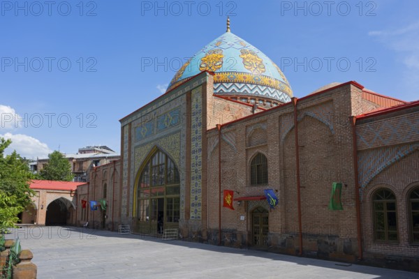 Side view of a mosque with blue dome and colorful mosaics under bright sky, Blue Mosque, Shiite Mosque, symbol of Armenian-Iranian friendship, Yerevan, Yerevan, Yerevan, Armenia