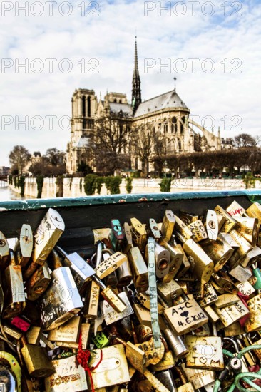 Love padlocks at Pont de l'Archeveche and Notre Dame Cathedral in the background. Paris, France. 02.01.13