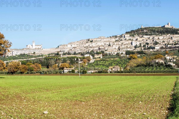 View of the city of Assisi, on the western flank of Monte Subasio, the birthplace of Saint Francis (Francesco Bernardone). Assisi, Province of Perugia, Italy. 22.12.2012