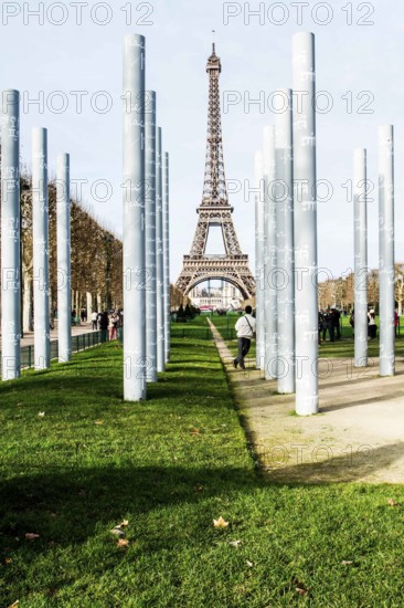 Eiffel Tower viewed from the monument The Wall for Peace (Le Mur pour la Paix). Paris, France. 30.12.12