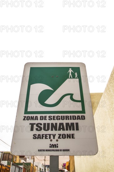 Sign indicating safe zone in case of tsunami. Iquique, Tarapaca Region, Chile. 16.11.15