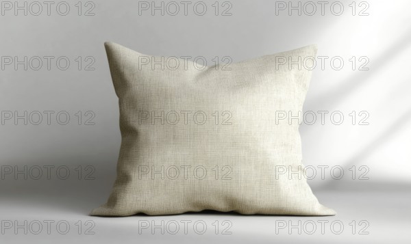 Beige cushion on a gray surface, displaying texture with soft natural light. AI generated